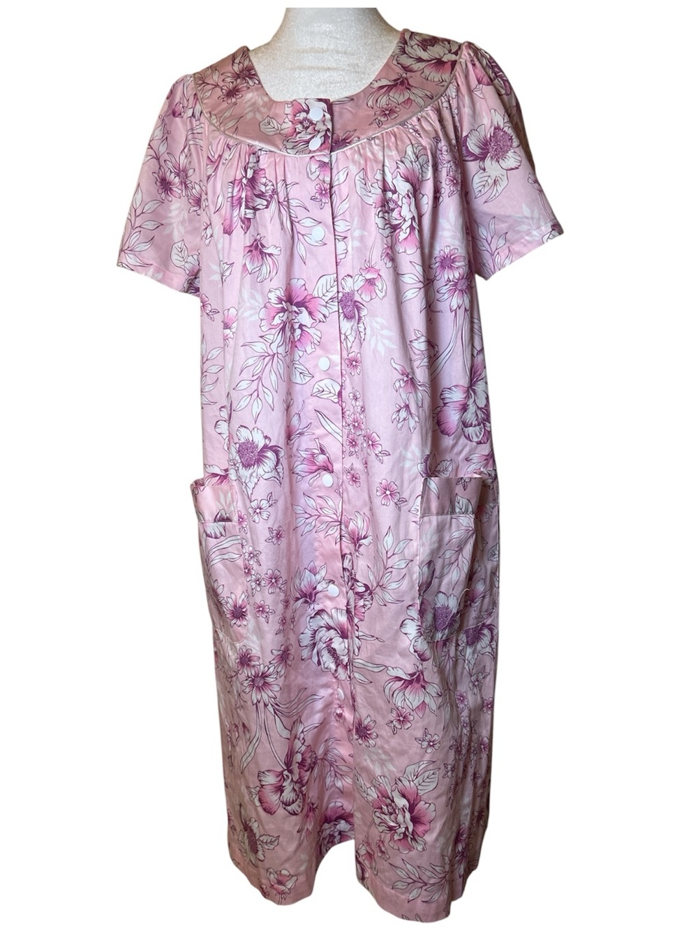 Miss Elaine Pink Floral Button-Front Housecoat